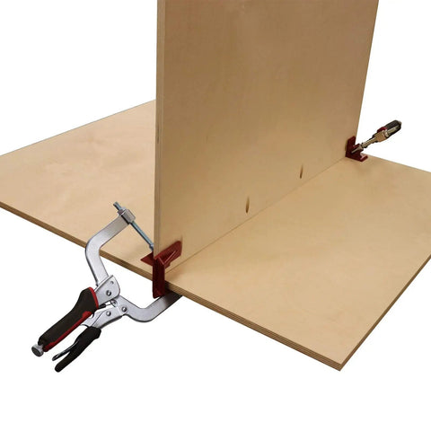 90 Degree Corner Clamp With Swivel Head, Adjustable Right Angle Woodworking Clamp holding panel in T joint position for precise alignment