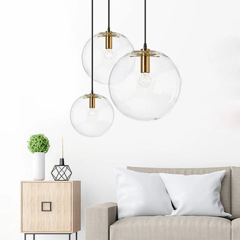 Glass Ball Lampshade Pendant Light With E27 Socket Vintage Brass Gold Head Hanging Droplight in living room setting