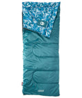 Kids 45F Sleeping Bag For Kids Up To 5 Ft 5 In Tall, Lightweight Warm Sleep Sack, blue exterior with camo interior, for indoor outdoor use