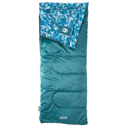 Kids 45F Sleeping Bag For Kids Up To 5 Ft 5 In Tall, Lightweight Warm Sleep Sack, blue exterior with camo interior, for indoor outdoor use