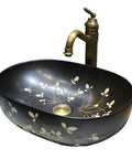 Ceramic Vintage Bathroom Vessel Sink, Handcrafted Art Countertop Vanity Basin for Home, B&B and Club Bathroom Decor (Small) with floral design.