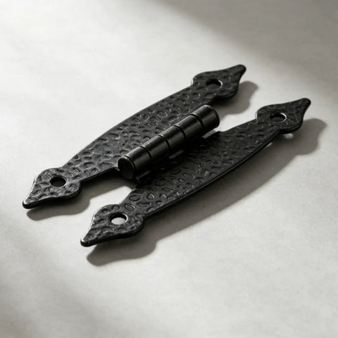Antique Iron H Shaped Cabinet Hinges 3.5 Inch Black Decorative Hardware For Kitchen Cupboards Doors Wardrobes And Furniture Restoration Projects 4 Pack Durable Cast Iron Construction Easy To Install close-up view.