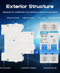 2 Pole 63 Amp DIN Rail Mounted Heavy Duty Circuit Breaker for 120V and 240V AC Circuits, C Curve Magnetic Trip With Thermal Magnetic Trip, Solar AC Disconnect Switch, Silver Alloy Contacts, Flame Retardant Housing, Overload Short Circuit Protection, front and side view