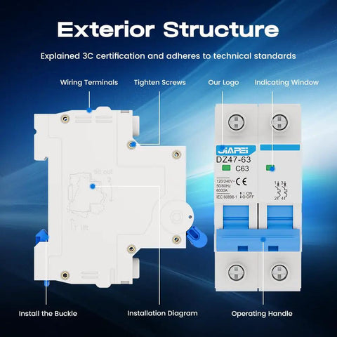 2 Pole 63 Amp DIN Rail Mounted Heavy Duty Circuit Breaker for 120V and 240V AC Circuits, C Curve Magnetic Trip With Thermal Magnetic Trip, Solar AC Disconnect Switch, Silver Alloy Contacts, Flame Retardant Housing, Overload Short Circuit Protection, front and side view