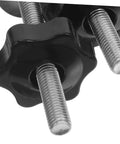 Close-up of black star handle knobs attached to T Slot bolts, part of 4 Piece T Slot Bolts And Star Handle Knobs With Flat Washers For Woodworking Jig Hardware Adjustable T Track Clamping System Kickass Grip Ergonomic Shop Setup Essentials.