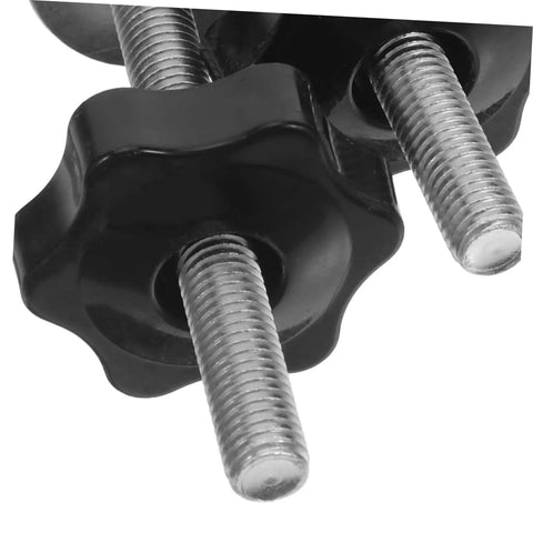 Close-up of black star handle knobs attached to T Slot bolts, part of 4 Piece T Slot Bolts And Star Handle Knobs With Flat Washers For Woodworking Jig Hardware Adjustable T Track Clamping System Kickass Grip Ergonomic Shop Setup Essentials.