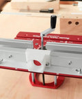 Heavy Duty Router Lift Kit And Flip Plate Insert With Smooth Height Tuning For 65 mm Motor Bodies showing fine tuning mechanism and aluminum build.
