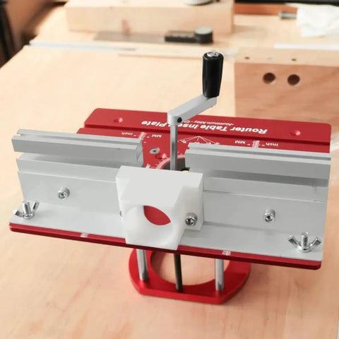Heavy Duty Router Lift Kit And Flip Plate Insert With Smooth Height Tuning For 65 mm Motor Bodies showing fine tuning mechanism and aluminum build.