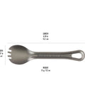 Ultralight Titanium Spork For Backpacking And Camping Doubles As Spoon And Fork With Carabiner Loop shown with dimensions.