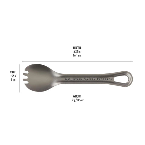 Ultralight Titanium Spork For Backpacking And Camping Doubles As Spoon And Fork With Carabiner Loop shown with dimensions.