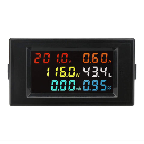Six In One AC Meter Multimeter With Digital LCD Monitor displaying voltage, current, power, energy, frequency, and power factor.