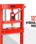 Front view of a red DNA Motoring 6-ton hydraulic H-frame shop press with adjustable plates for bending and straightening.