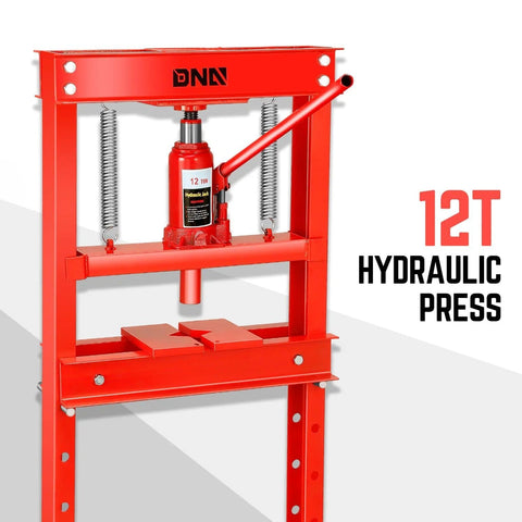 Front view of a red DNA Motoring 6-ton hydraulic H-frame shop press with adjustable plates for bending and straightening.