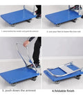Steps to fold the Heavy Duty Foldable Rolling Dolly with blue platform and steel frame for easy storage and transport.