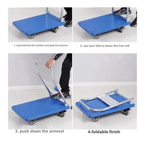 Steps to fold the Heavy Duty Foldable Rolling Dolly with blue platform and steel frame for easy storage and transport.