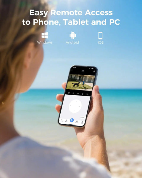 Person holding phone showing Home Security Camera System With 4 Outdoor 5MP Cameras 16 Channel NVR And 10.1 Inch LCD Monitor app