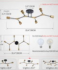 Dimensions and specifications of Six Light Gold And Black Sputnik Ceiling Light Fixture Modern Mid Century Vibe Semi Flush Mount For Living Room Bedroom Dining Room Hallway Kitchen And Office E26 LED Compatible Easy Install shown with bulb recommendation.