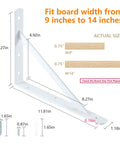 Badass Heavy Duty Metal Shelf Brackets 12 X 8 Inch White showing dimensions for board widths of 9 to 14 inches, designed for wall mount use.