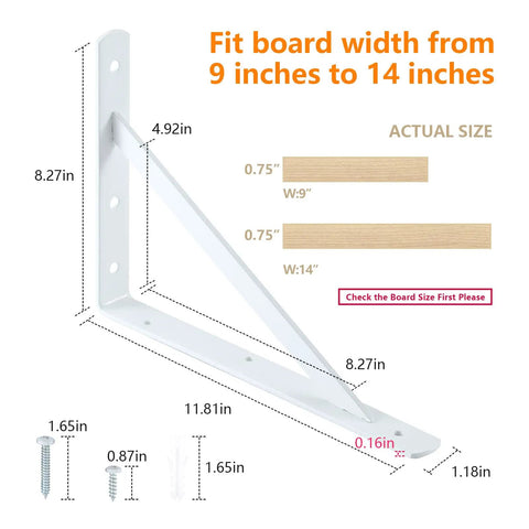 Badass Heavy Duty Metal Shelf Brackets 12 X 8 Inch White showing dimensions for board widths of 9 to 14 inches, designed for wall mount use.
