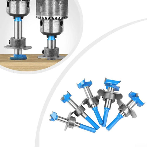 Six Floweringbeter carbide hinge-boring bits with blue tips and metal shanks; installed bit drilling into wood, set laid out.