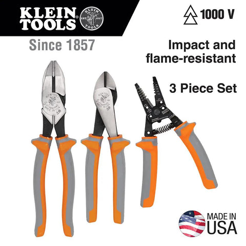 1000V Insulated Pliers and Wire Stripper Tool Kit, 3-Piece Pro Grade Set With Side-Cutter, Diagonal-Cutter, And Wire Stripper, USA Made, Meets ASTM F1505 and IEC 60900 Standards, Heavy-Duty Multi-Layer Grip