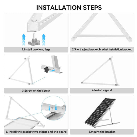 Installation guide for Upgraded 47 Inch Adjustable Solar Panel Tilt Mount Brackets Set for roof stand on RV boat off grid, step-by-step images.