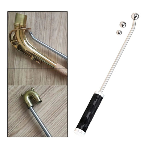Pro Grade Saxophone And Wind Instrument Dent Repair Kit With Metal Ball Set And Long Rod, Perfect For Curved Necks, Works On Saxophones, Trumpets, French Horns And More, Smooth Finish Maintenance Tools. Long chrome rod and metal balls for curved neck repairs.