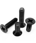 Rock Solid Black Carbon Steel Phillips Countersunk Head Screws M2x10mm 100 Piece Pack in various angles showing flat heads and threads.