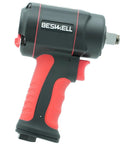 One Half Inch Stubby Air Impact Wrench With 885 Ft Lbs Max Torque For Tight Engine Spaces, Brake Repair And Auto Maintenance, Compact Pneumatic Tool Built For The Garage, side view showing grip and trigger.