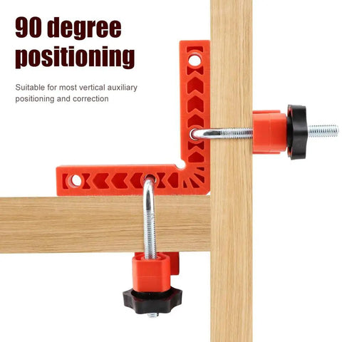 Sixteen Piece Right Angle Clamp Set for Woodworking with 90 Degree Positioning Squares in use on wooden frame