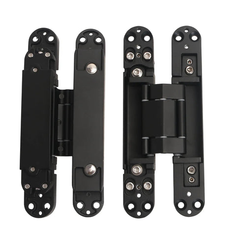 Rock Solid Black Hidden Door Hinges For Flush Wood Panels, Heavy Duty Concealed Butt Hardware in black finish, side view.