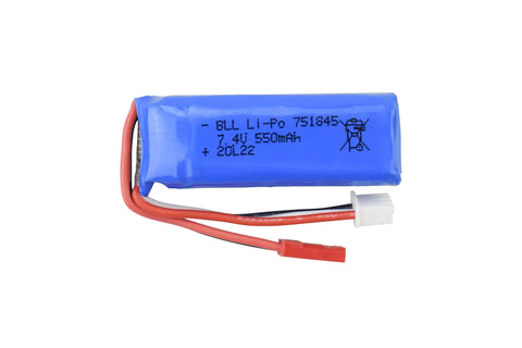 2 Pack 7.4V 550mAh LiPo Battery With 2 In 1 Charger For WLtoys K969 K979 K989 K999 P929 P939 RC Cars shown close-up