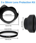 58mm Tulip Lens Hood With UV Filter For Canon DSLRs, shown in three angles with measurements, compact for outdoor and travel shoots