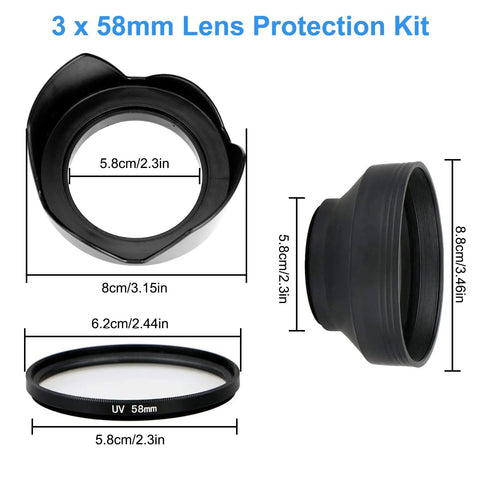 58mm Tulip Lens Hood With UV Filter For Canon DSLRs, shown in three angles with measurements, compact for outdoor and travel shoots
