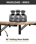 Solid 16 Inch Folding Shelf Brackets 2 Pack Wall Mounted Space Saving Desk Supports Heavy Duty Steel supporting a wooden shelf with weights.