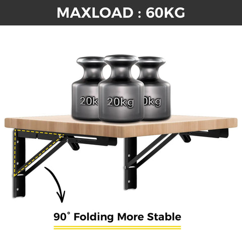 Solid 16 Inch Folding Shelf Brackets 2 Pack Wall Mounted Space Saving Desk Supports Heavy Duty Steel supporting a wooden shelf with weights.