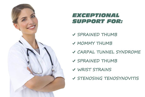 Doctor with stethoscope promoting Reversible Thumb And Wrist Stabilizer Compression Splint With Copper Ions for hand pain relief