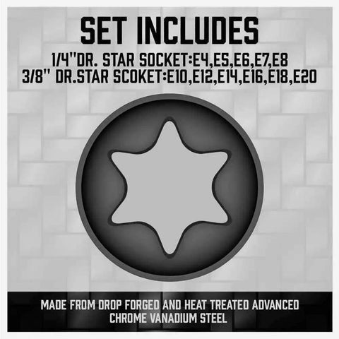 11-Piece E-Torx Socket Set With Rail And Organizer External Sockets E4 To E20 description image with socket sizes and steel type.