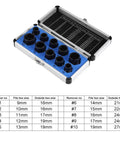 10 Piece Nut Remover Set For Impact Drivers, 9-19mm Nut Extractor Sockets, shown in a metal case with size chart.