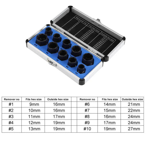 10 Piece Nut Remover Set For Impact Drivers, 9-19mm Nut Extractor Sockets, shown in a metal case with size chart.