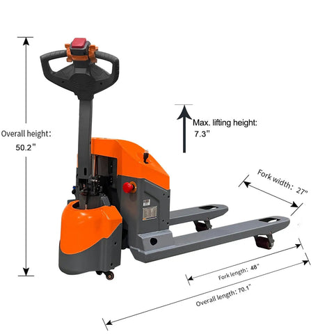 Aequanta Full Electric Pallet Jack, Heavy Duty 3900 Lb Load Capacity Mini Pallet Truck With Built In Battery, Ultra Compact Design dimensions shown.