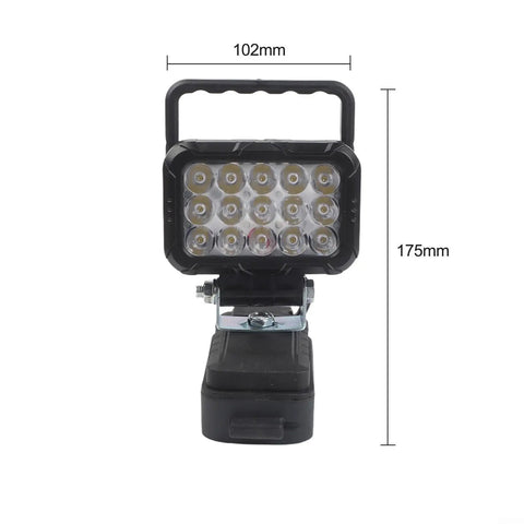 Front view of ABS Flood Light 15 LEDs Compatible with 18V Li-Ion Packs, measuring 102mm x 175mm, mounted on a sturdy base.