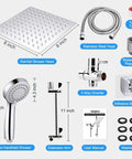 Components of the 8 Inch High Pressure Rainfall Shower Head and Handheld Combo With 11 Inch Extension Arm No Leak Chrome Shower Set