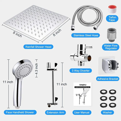 Components of the 8 Inch High Pressure Rainfall Shower Head and Handheld Combo With 11 Inch Extension Arm No Leak Chrome Shower Set