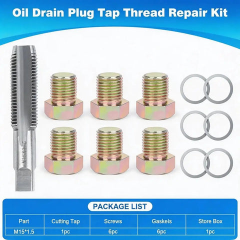 M15x1.5 Oil Drain Plug Thread Repair Tool Kit with tap, 6 plugs, and washers for repair of sump, transmission, and differential.