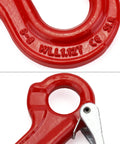 Close-up of Clevis Slip Hook G80 Eye Hoist Sling Hook showing red forged steel rotary eye and stamped markings for rigging and lifting.