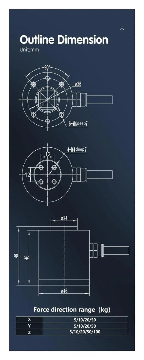 Outline dimensions of Heavy Duty Weighing Torque Load Sensor With Multidimensional Force Sensing On XYZ Axis Transducer Load Cell 0-100 kg