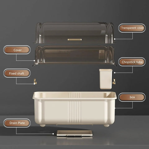 Exploded view of Sleek White Plate Drying Rack And Smart Kitchen Organizer Built With Hella Sturdy Pp Pet Material.