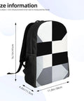 Slick Black And White Piano Grid Laptop Backpack crafted from heavy duty waterproof Oxford cloth, dimensions 16.1x11.8x4.5 inches.
