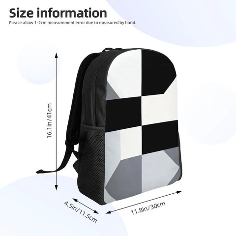 Slick Black And White Piano Grid Laptop Backpack crafted from heavy duty waterproof Oxford cloth, dimensions 16.1x11.8x4.5 inches.